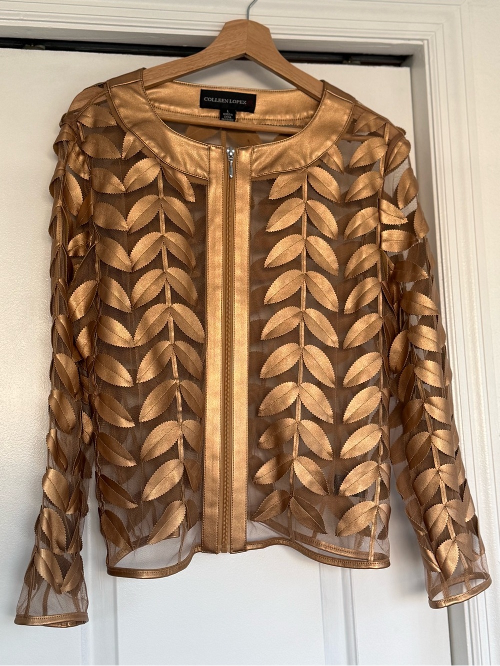 Colleen Lopez Metallic Gold Leaf-Pattern Mesh Jacket